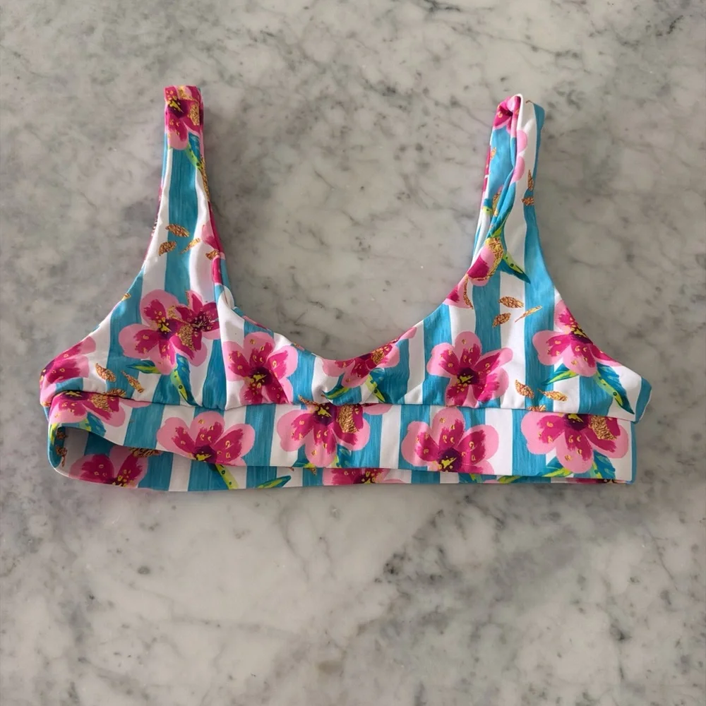 Kulani Kinis Pink Floral and Blue Striped Bikini Top